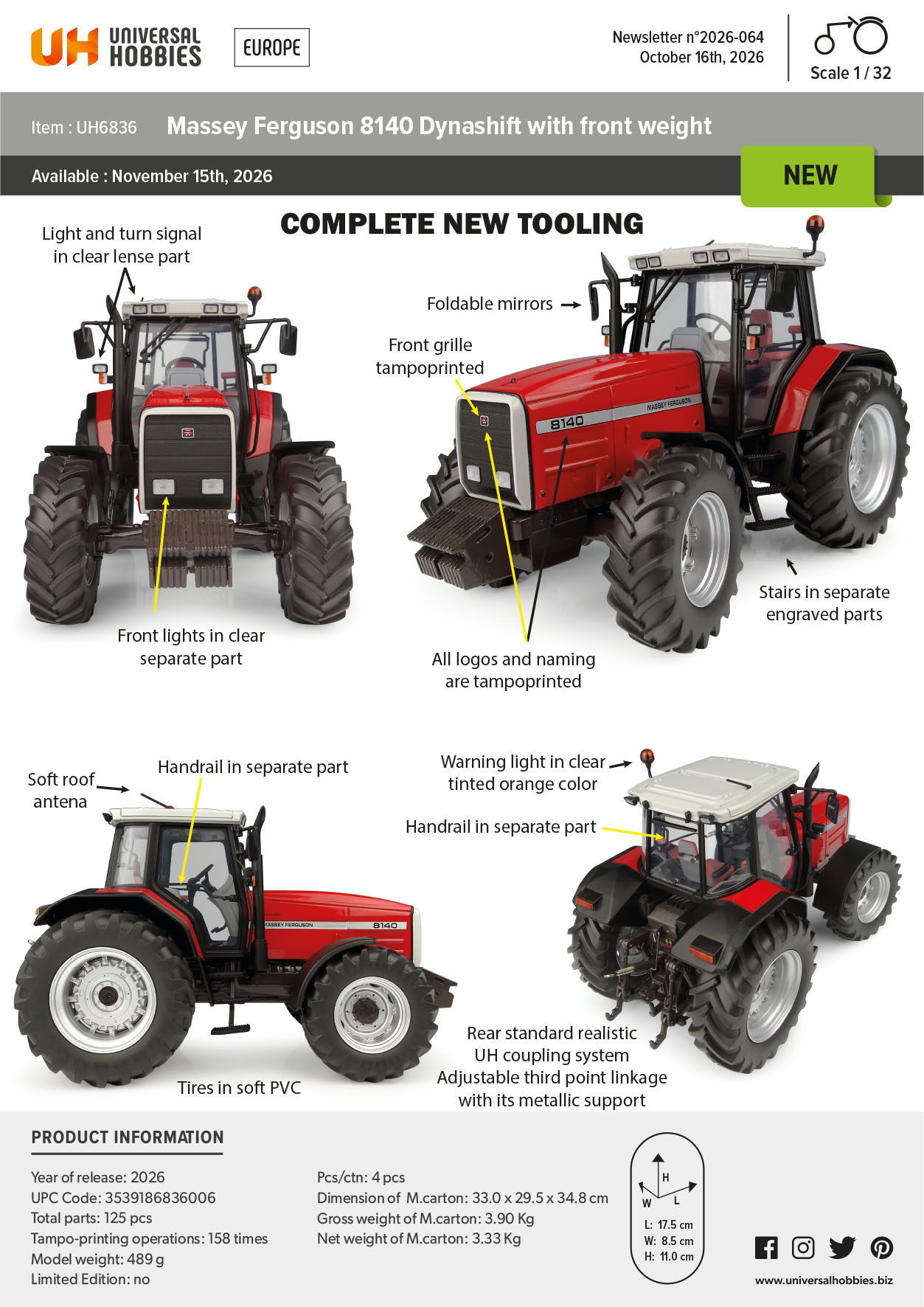 Massey Ferguson 8140 Dynashift mit Frontgewicht Modell von Universal Hobbies 1:32