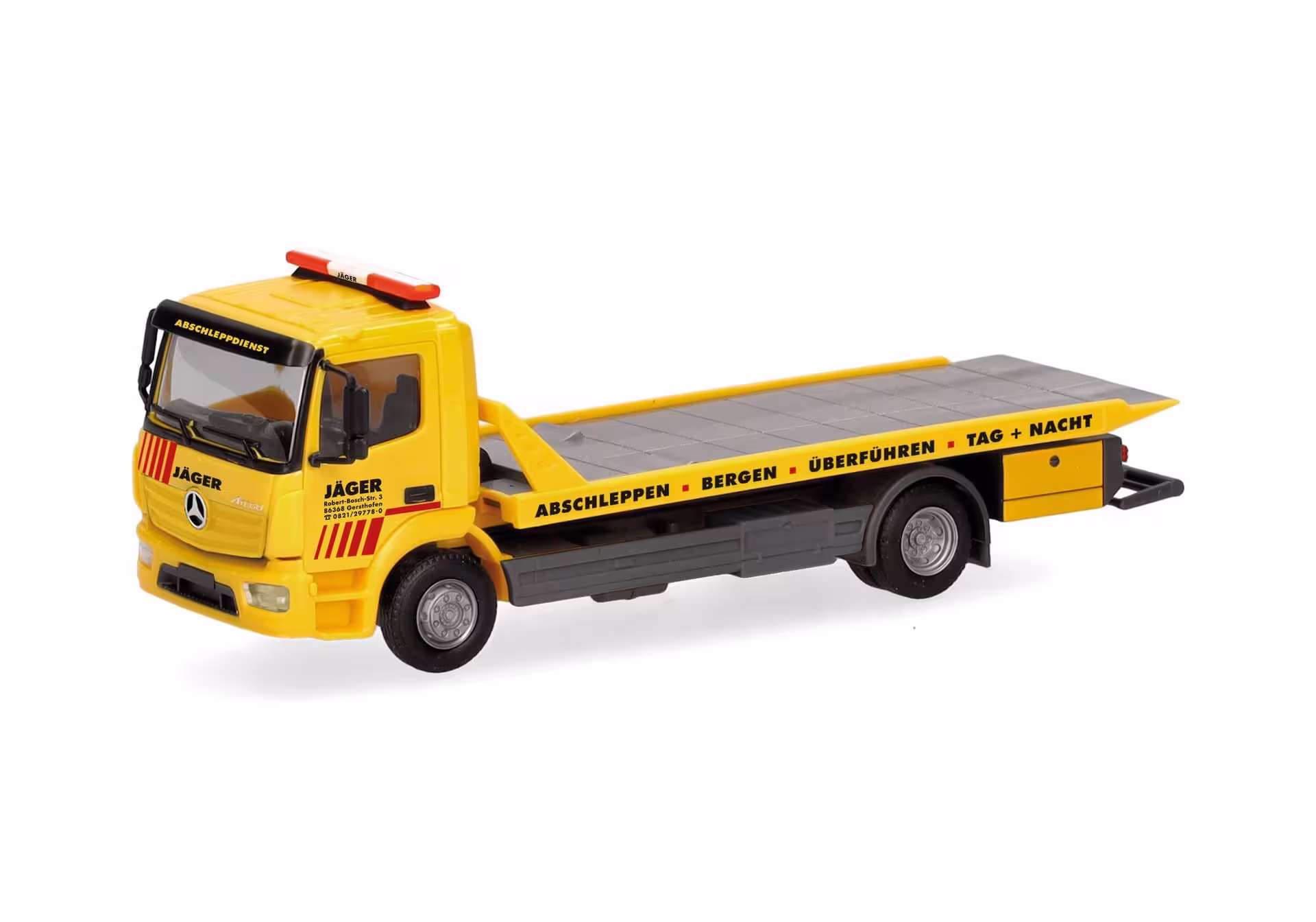 Mercedes-Benz Atego 13 Plateau-Abschlepp-LKW Jäger gelb Modell von Herpa 1:87 eilbote-onlineshop - Agrarfox