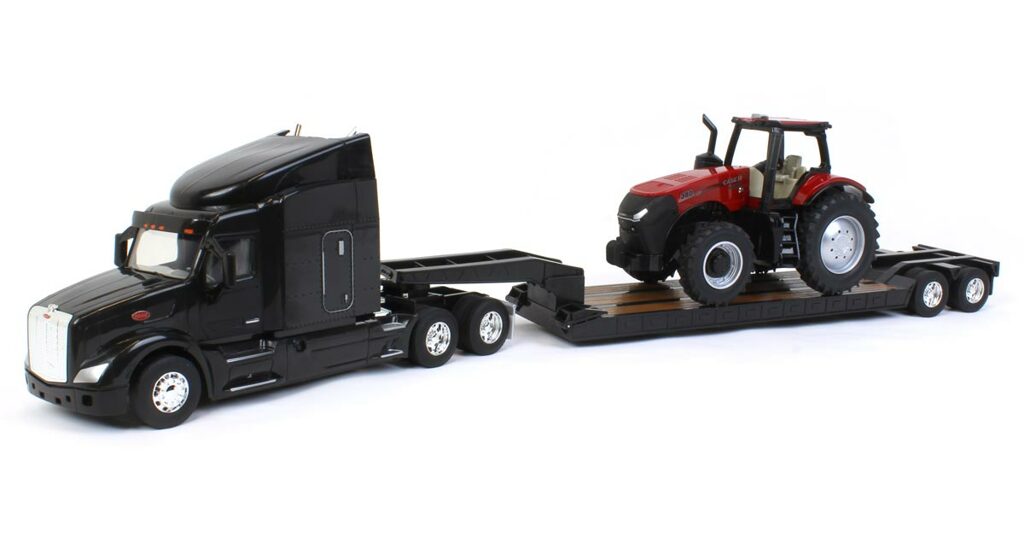 Peterbilt 579 Semi mit Tieflader und Case IH 380 Magnum Traktor Modell von Ertl 1:32