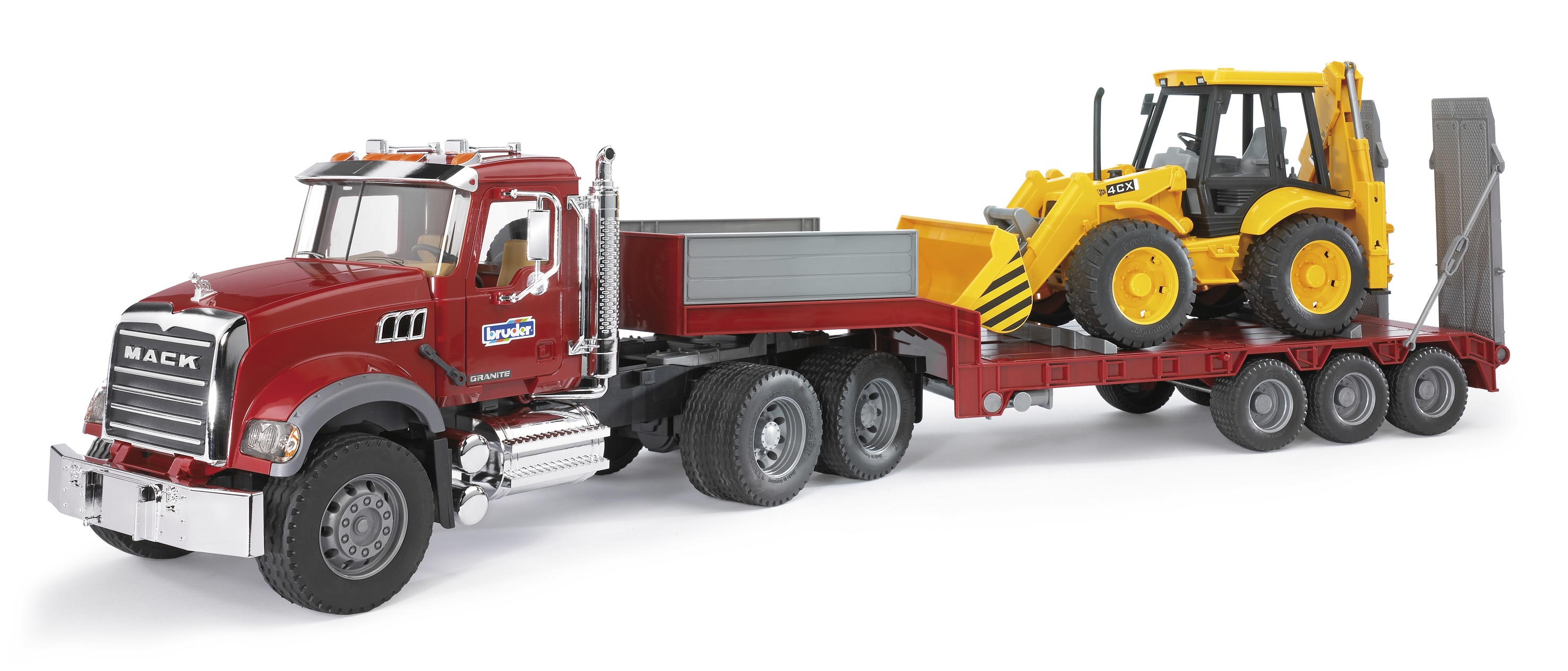MACK Granite LKW mit Tieflader und JCB 4CX Baggerlader Modell von Bruder 1:16