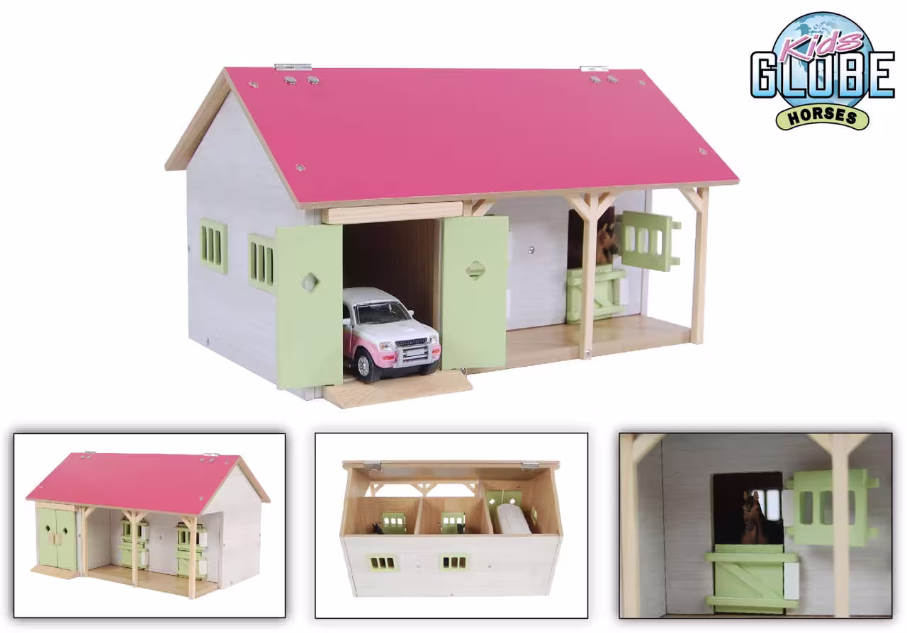 Der Pfer­de­stall be­steht aus Holz ist mit zwei Pfer­de­bo­xen und einem Stau­raum aus­ge­stat­tet. Das Dach ist auf­klapp­bar sodass die Kinder auch im Stall spie­len können. Bitte beachten Sie, dass dieser Spielzeug-Stall ohne die abgebildeten Spielzeu