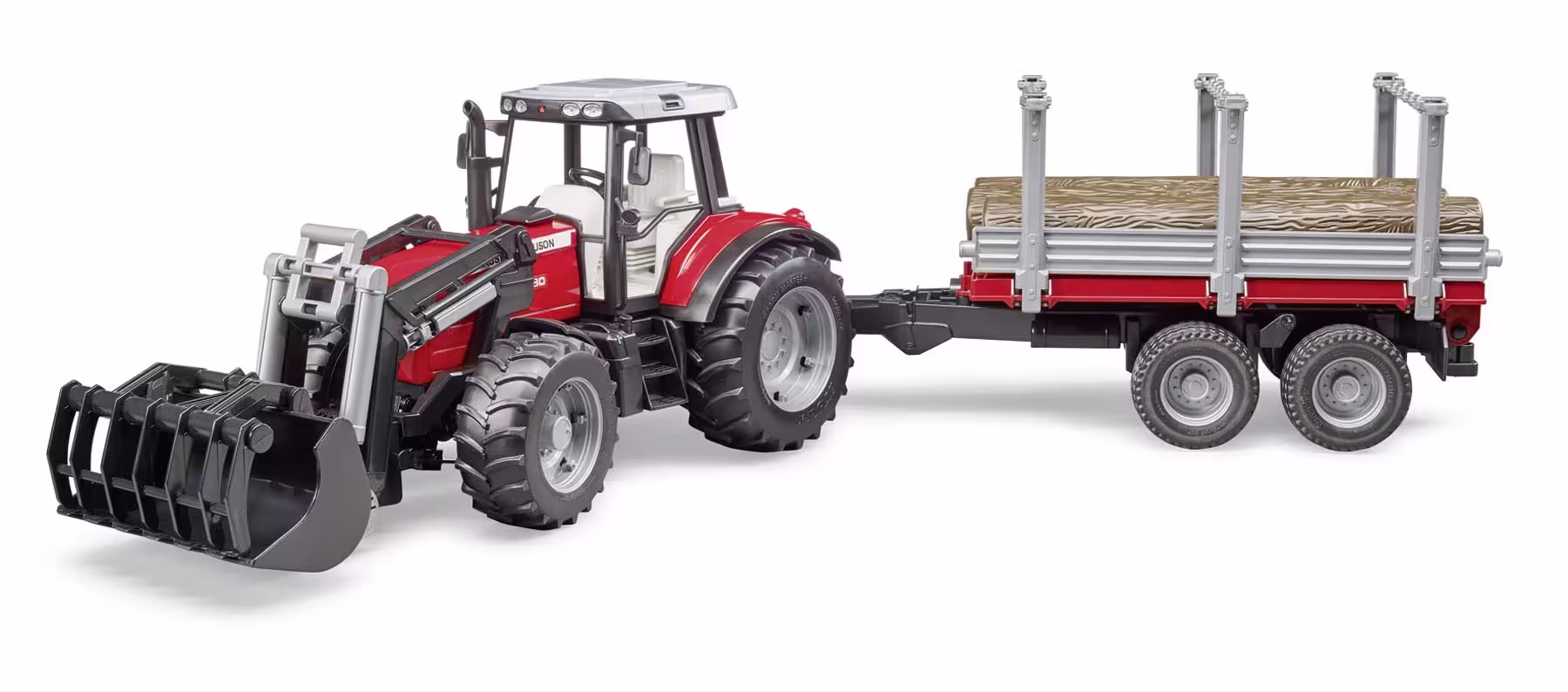 Massey Ferguson 7480 mit Frontlader und Holztransportanhänger mit 3 Baumstämmen Modell von Bruder  eilbote-onlineshop - Agrarfox