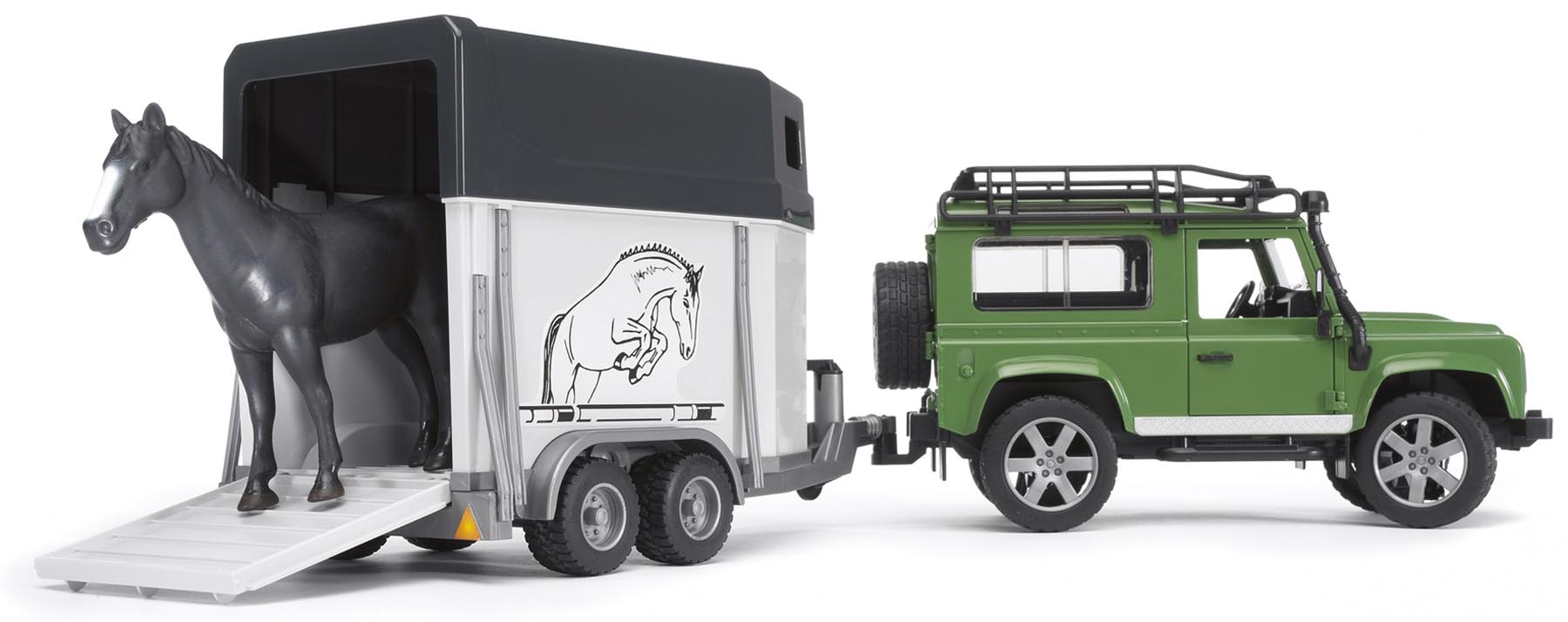 Land Rover Defender mit Pferdeanhänger inkl. 1 Pferd Modell von Bruder 1:16