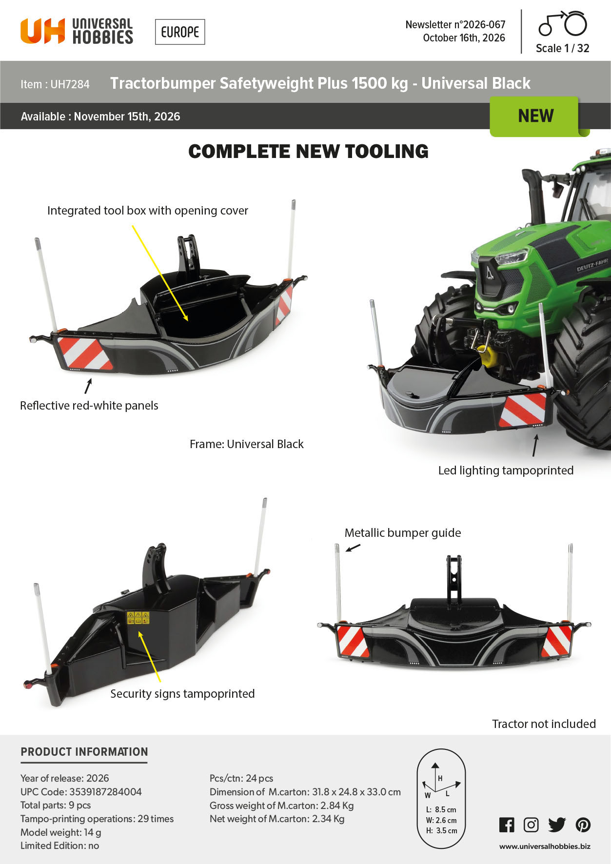 Tractorbumper Sicherheitsfrontgewicht Plus 1500 kg universal schwarz Modell von Universal Hobbies 1:32