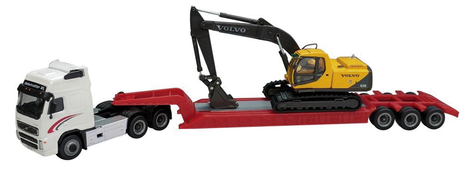 Volvo FH12 mit Tieflader und Volvo EC210 Raupenbagger Modell von Oxford 1:87