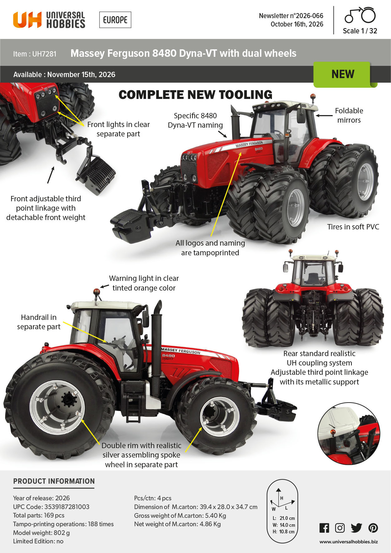 Massey Ferguson 8480 Dyna-VT mit Zwillingsbereifung Modell von Universal Hobbies 1:32