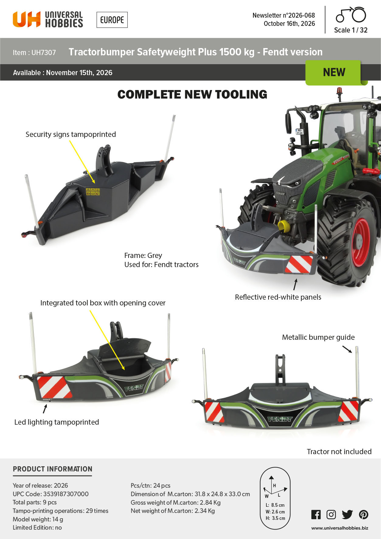 Tractorbumper Sicherheitsfrontgewicht Plus 1500 kg Fendt-Version Modell von Universal Hobbies 1:32
