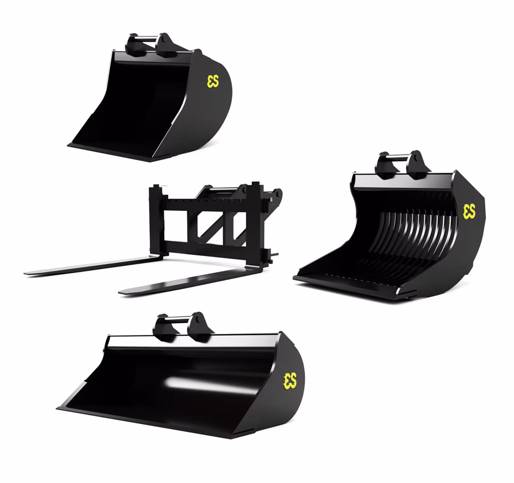Eurosteel Anbauwerkzeugsatz: 3 Baggerschaufeln und Gabel für Radlader Modell von At Collections 1:32 eilbote-onlineshop - Agrarfox