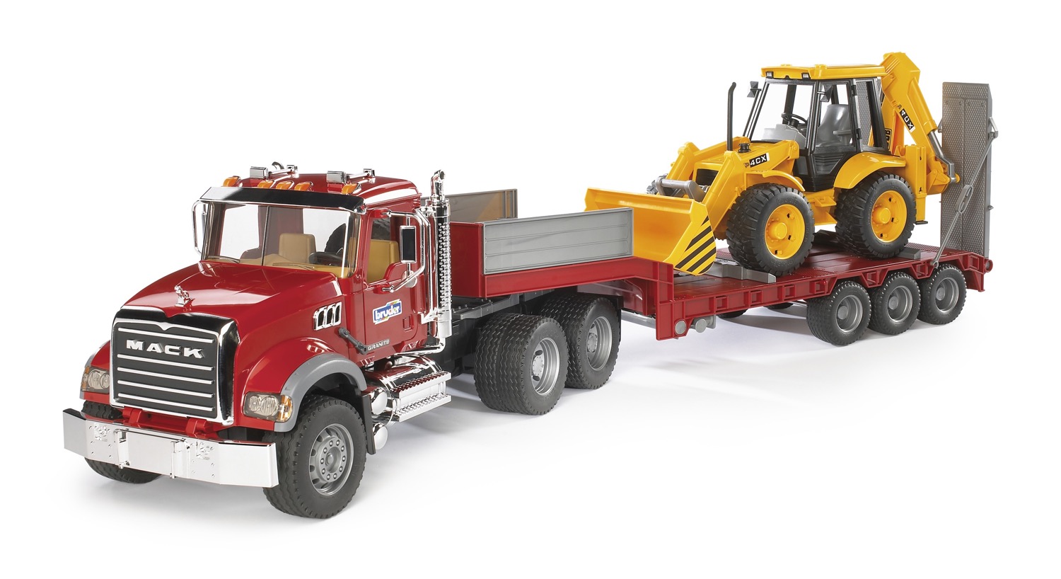 MACK Granite LKW mit Tieflader und JCB 4CX Baggerlader Modell von Bruder 1:16