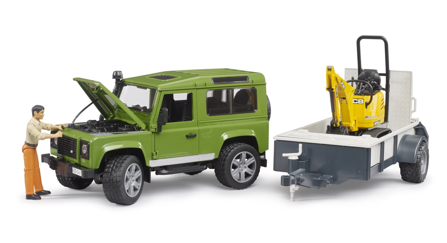 Land Rover Defender Station Wagon mit Einachsanhänger - JCB Mikrobagger 8010 CTS und Bauarbeiter Modell von Bruder 1:16