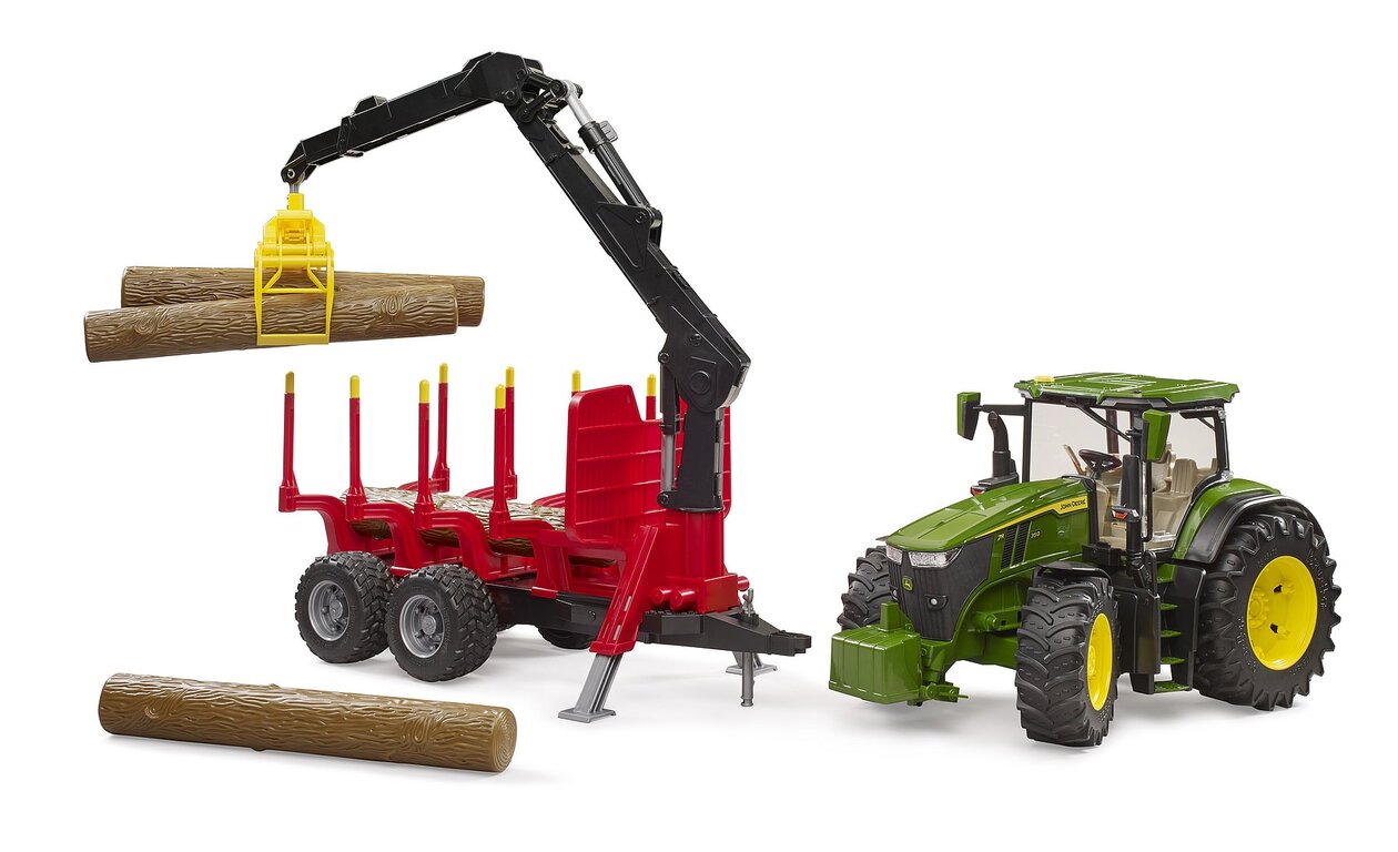 John Deere 7R 350 mit Rückeanhänger und 4 Baumstämmen