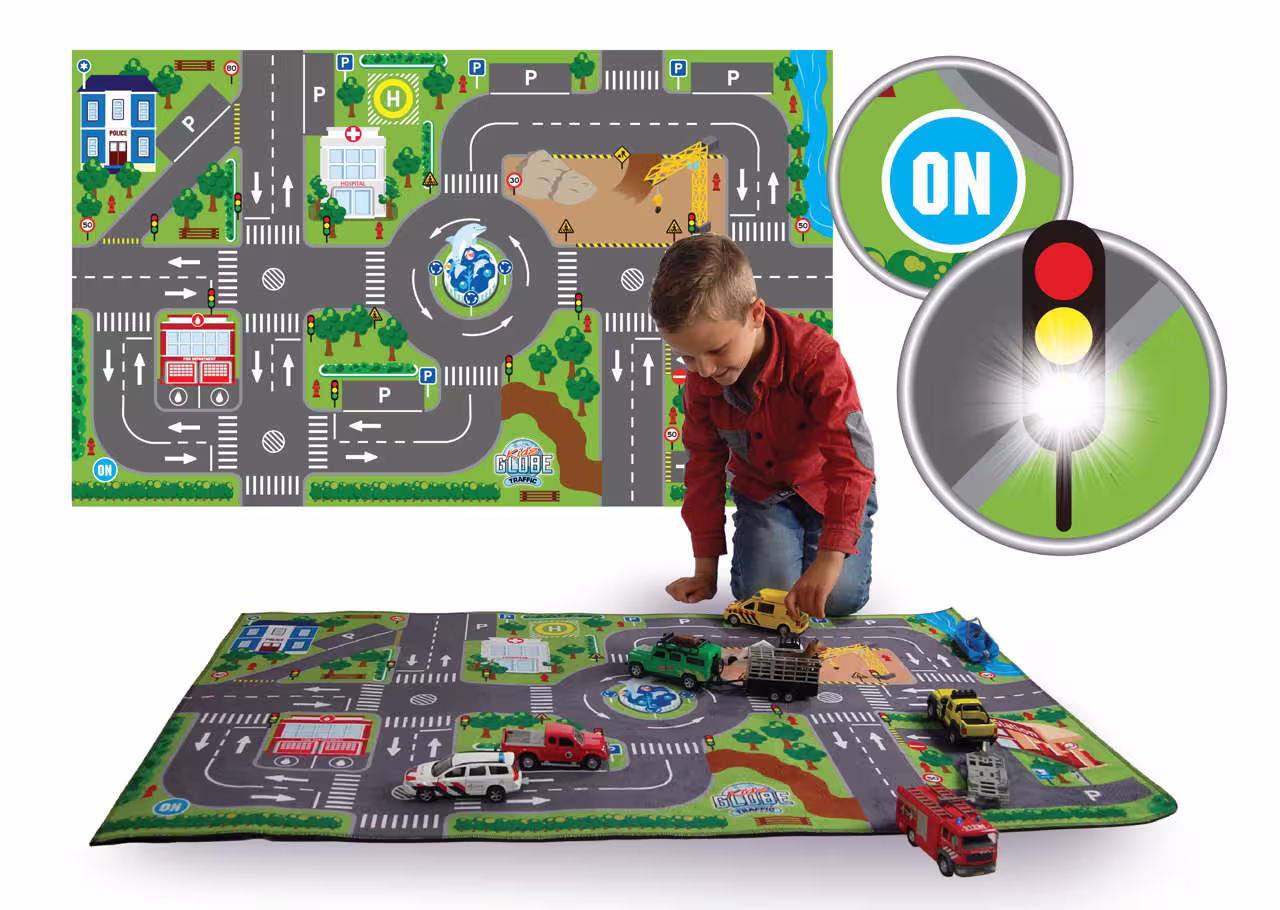 Kids Globe Spielteppich mit Straßen leuchtende LED-Ampeln und mit Anti-Rutsch-Boden, Größe 120x72 cm. Batterien enthalten.-1