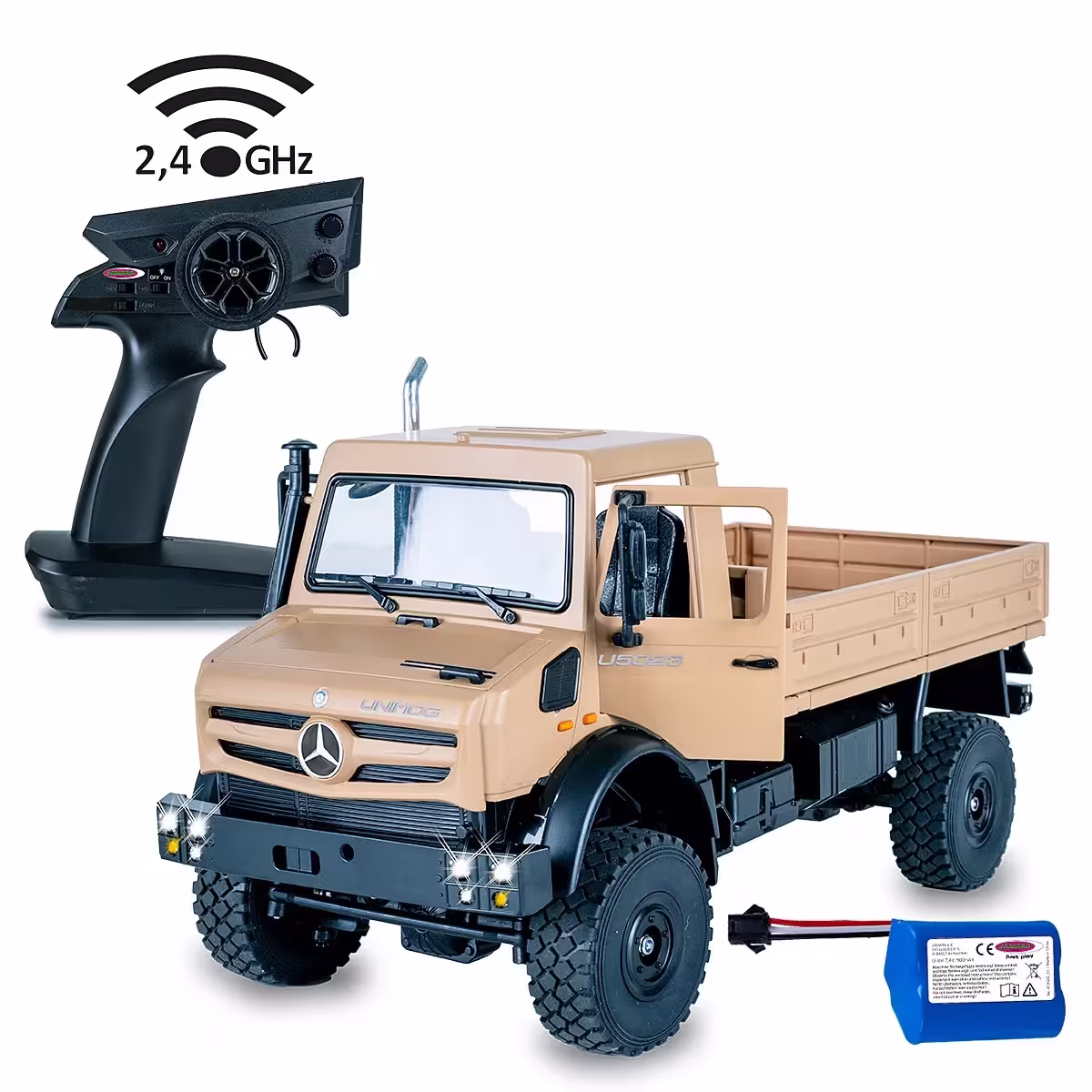 KA76122-1 Artikelname: Mercedes-Benz Unimog U5023 1:14 beige 2,4GHz Originalhersteller: Unimog Modelltyp: U5023 von Jamara Hersteller-Nr: 408310