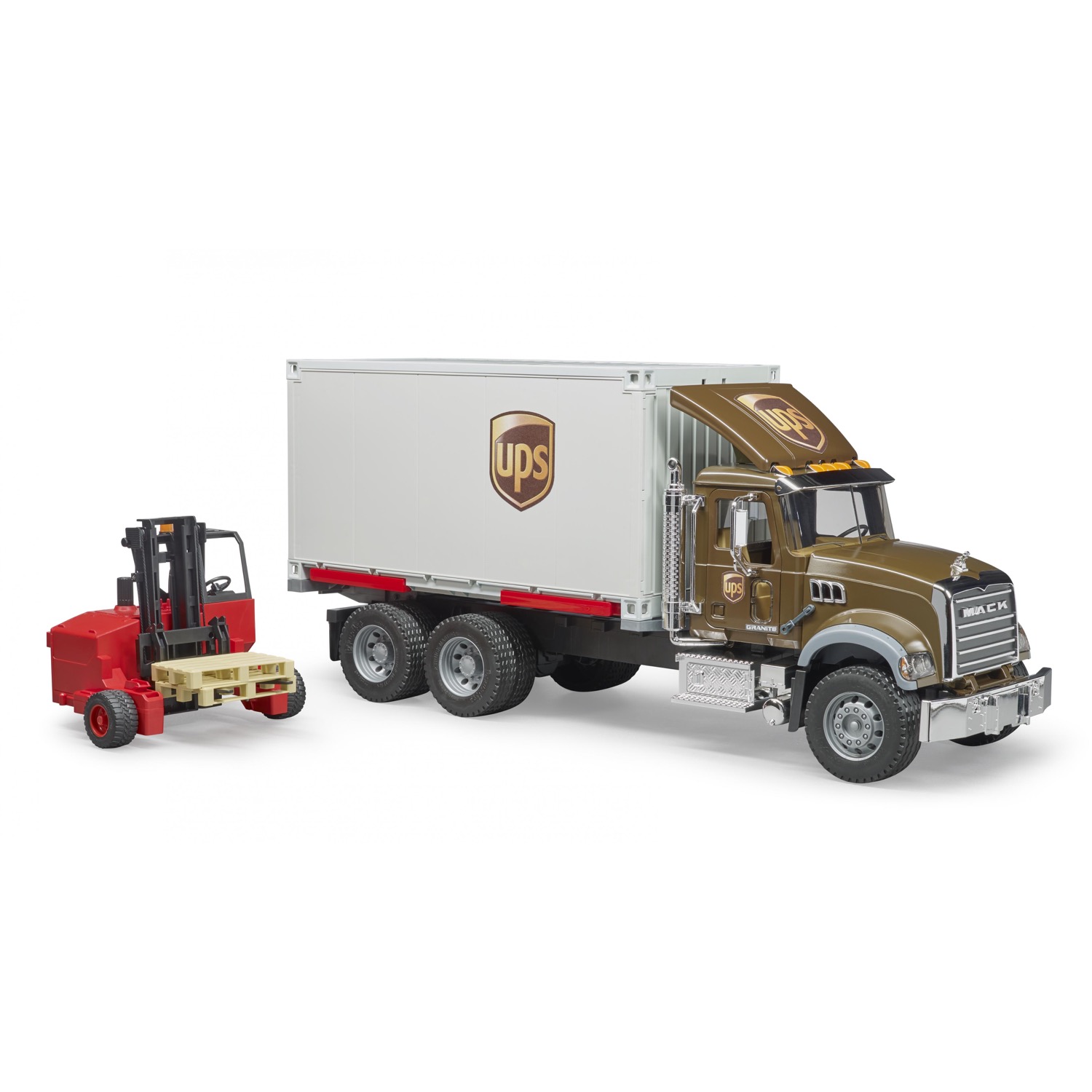 MACK Granite UPS Logistik-LKW mit Mitnahmestapler