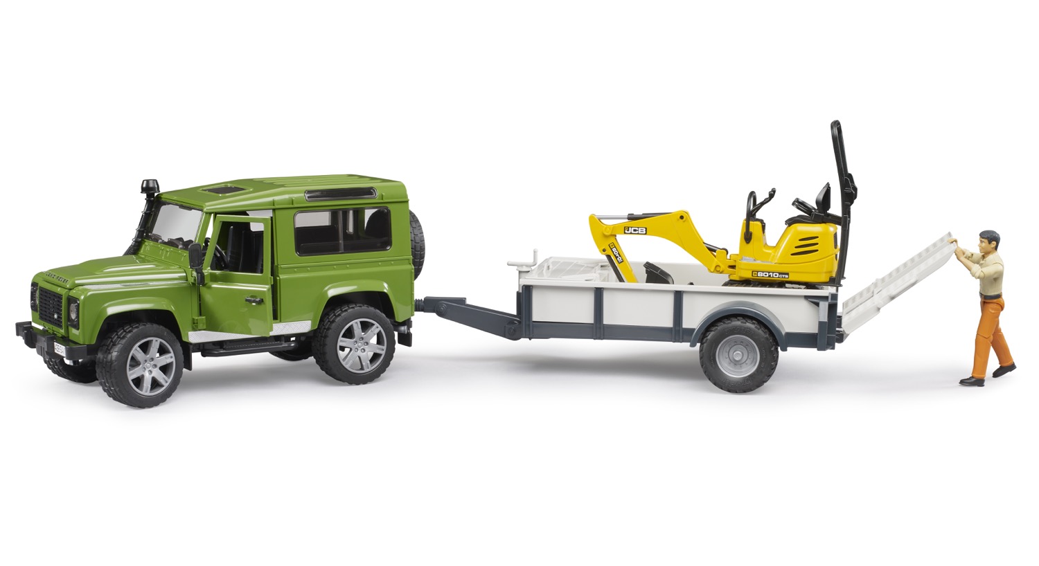 Land Rover Defender Station Wagon mit Einachsanhänger - JCB Mikrobagger 8010 CTS und Bauarbeiter Modell von Bruder 1:16