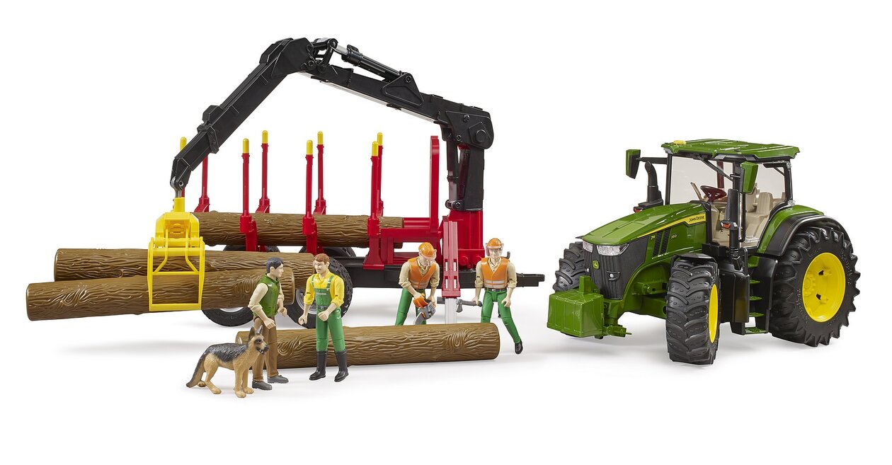 John Deere 7R 350 mit Rückeanhänger und 4 Baumstämmen