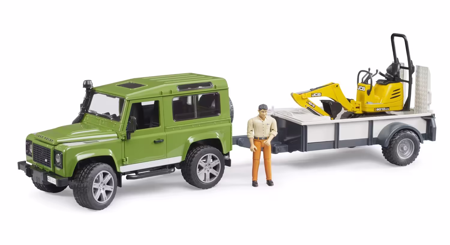 Land Rover Defender Station Wagon mit Einachsanhänger - JCB Mikrobagger 8010 CTS und Bauarbeiter Modell von Bruder 1:16 eilbote-onlineshop - Agrarfox