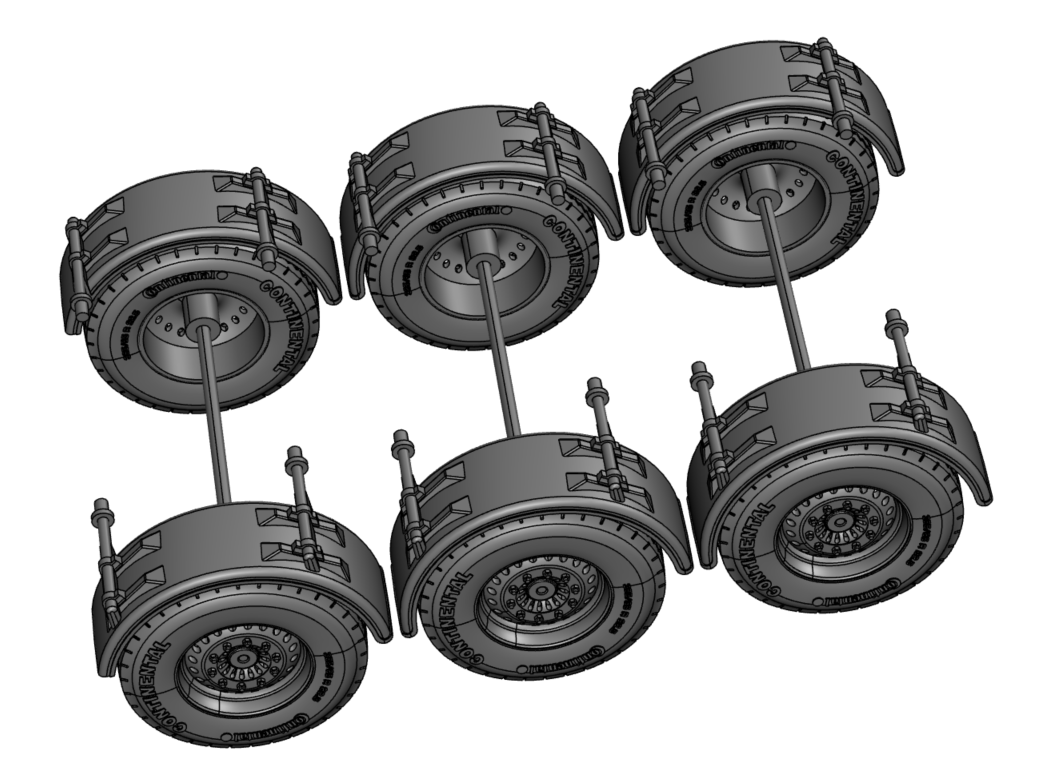 Teilesatz 6 Räder, 6 Kotflügel und 3 Achsen Modell von MarGe Models 1:32