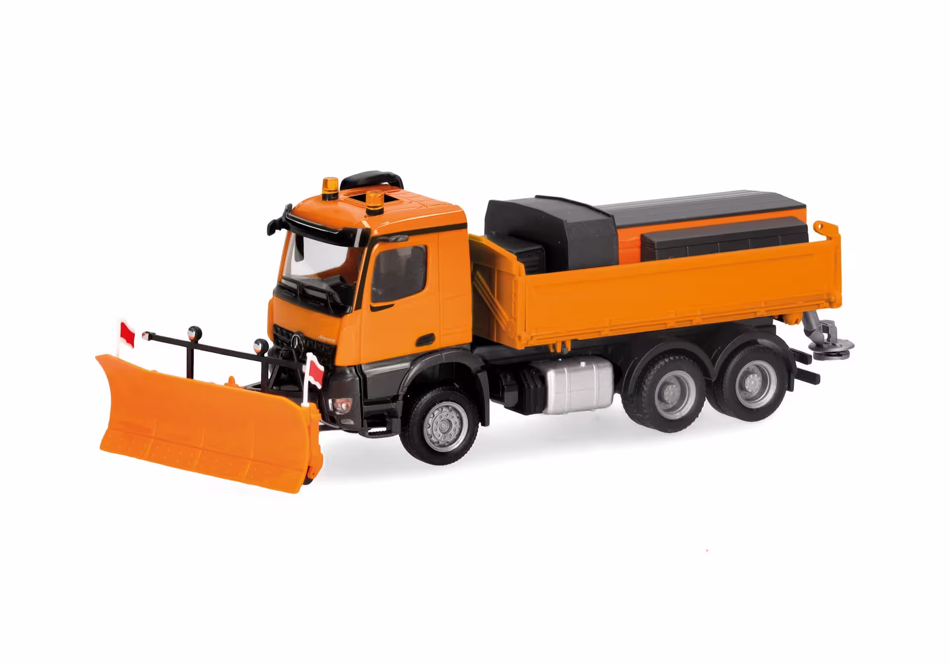 Mercedes-Benz Arocs 18 M Dreiseitenkipper-LKW 3achs mit Streuaufbau und Schneepflug kommunalorange Modell von Herpa 1:87 eilbote-onlineshop - Agrarfox