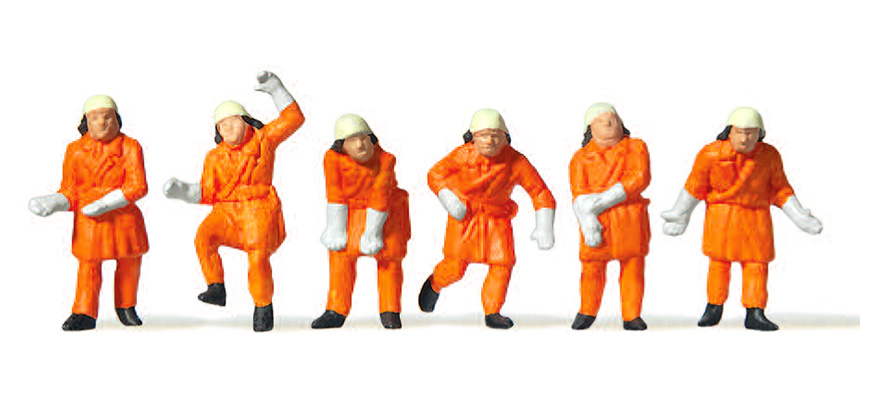 Feuerwehrleute in Einsatzkleidung orange - 6 Stück Modell von Preiser 1:87