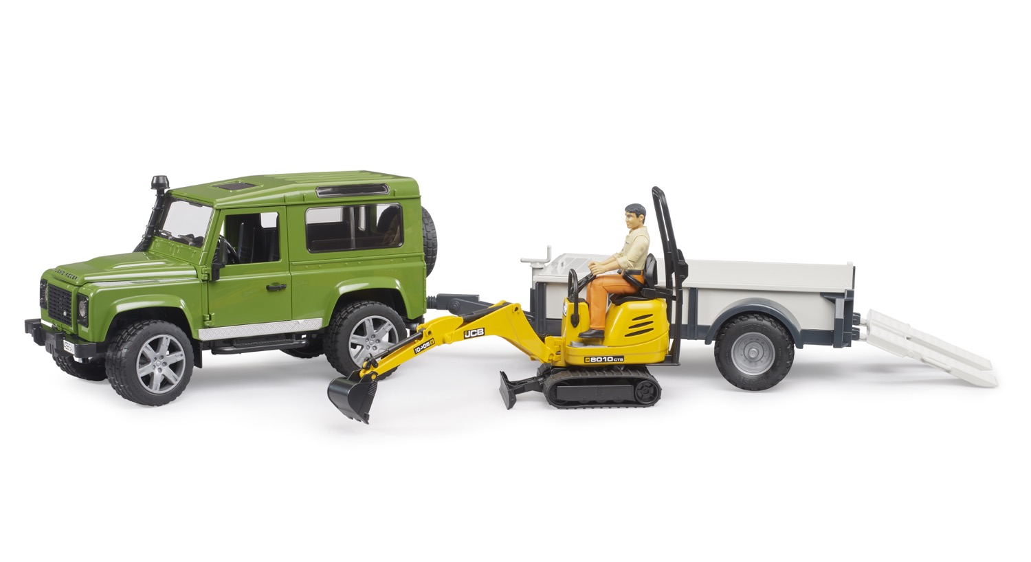 Land Rover Defender Station Wagon mit Einachsanhänger - JCB Mikrobagger 8010 CTS und Bauarbeiter Modell von Bruder 1:16