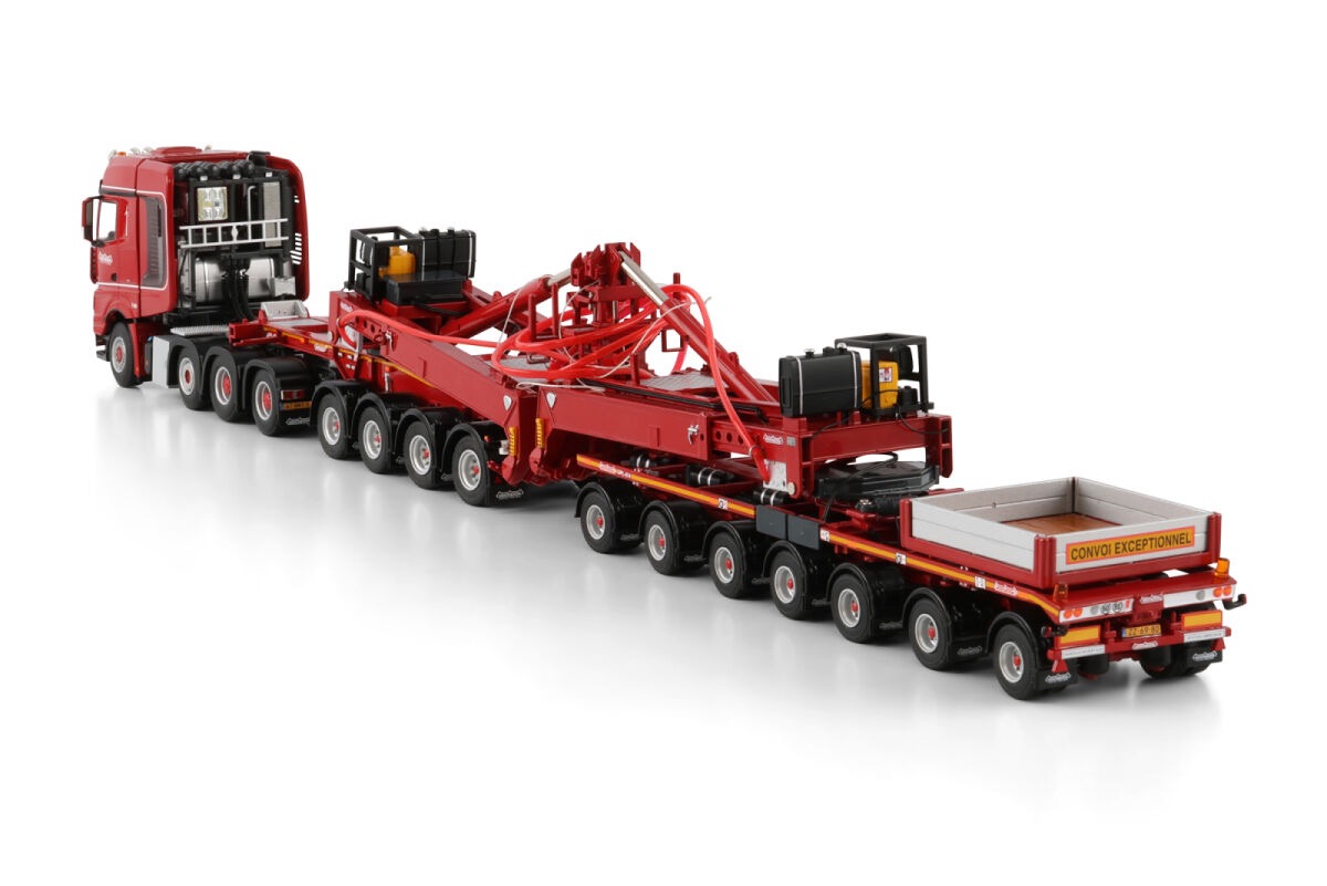 Nooteboom Red Line Mercedes Benz Arocs MP4 SLT Big Space 8x4 Windrad-Anhänger mit 4 Achsen Dolly Modell von Wsi Models 1:50