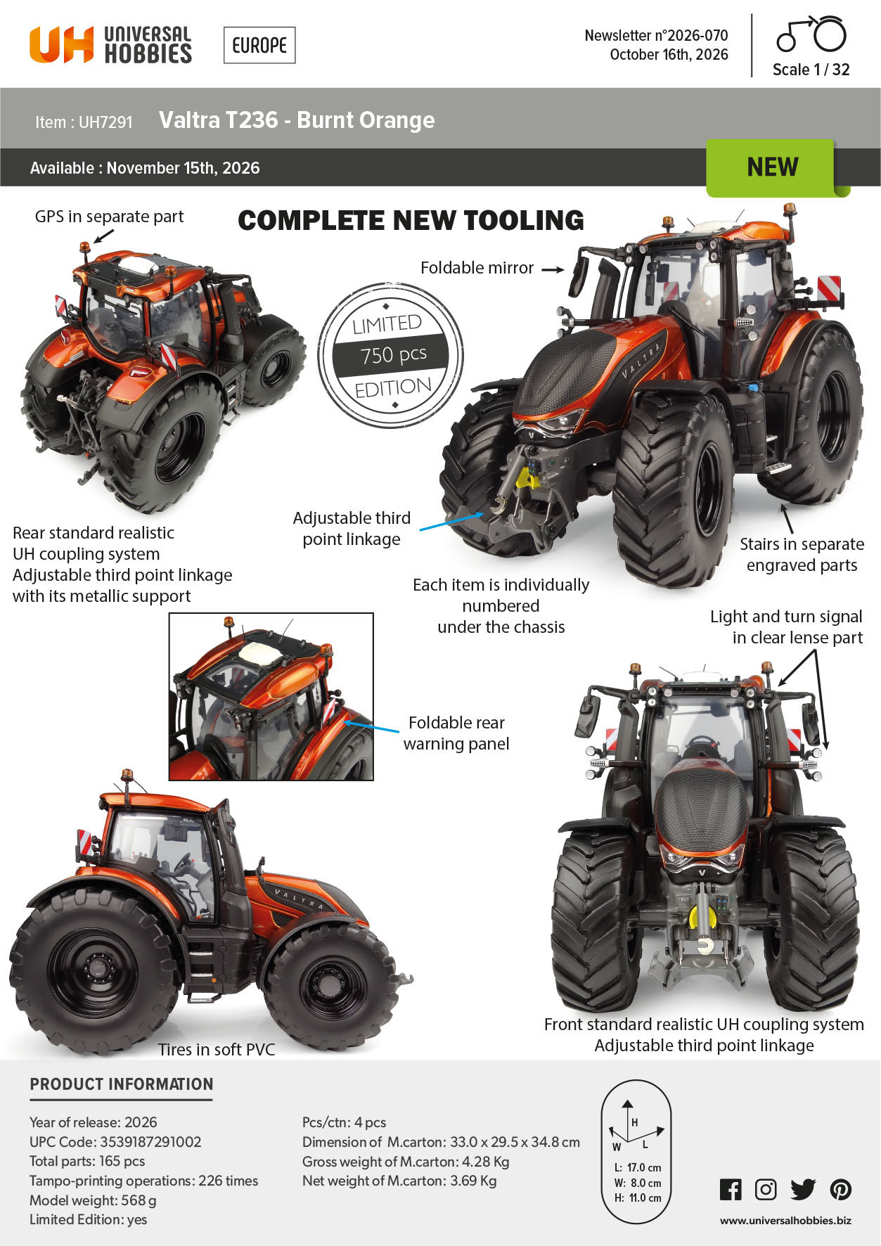 Valtra T236 in Metallic-Orange Lim. Edt. Modell von Universal Hobbies 1:32