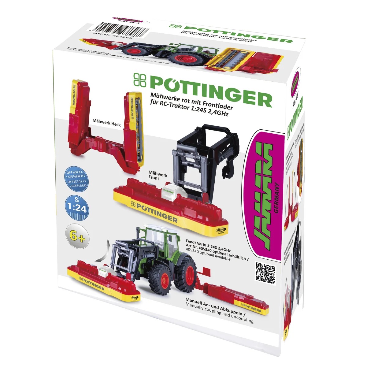 Mähwerke rot mit Frontlader Pöttinger für RC-Traktor Fendt Vario 1:24S