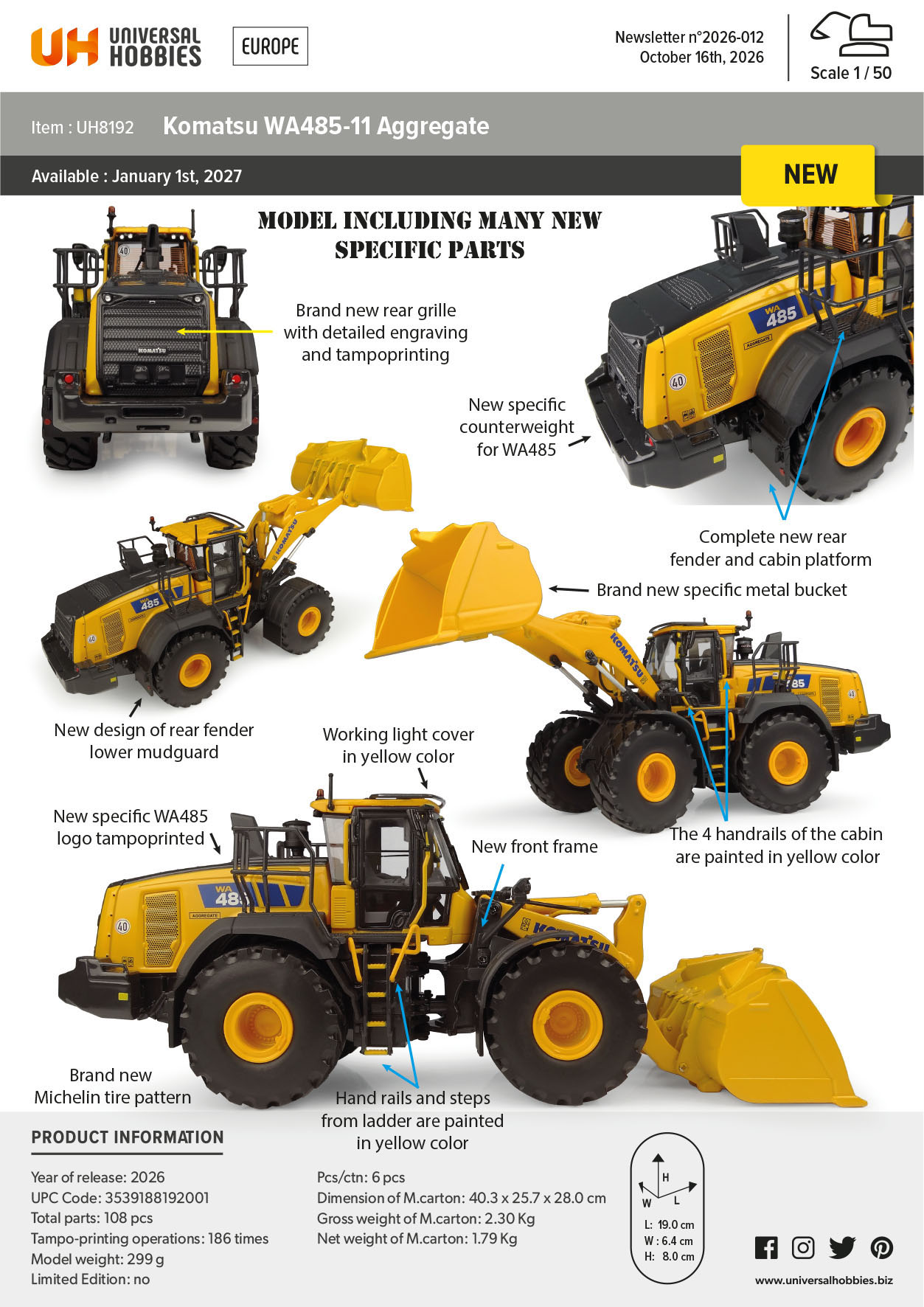 Komatsu WA485-11 Aggregate-Ausführung Modell von Universal Hobbies 1:50
