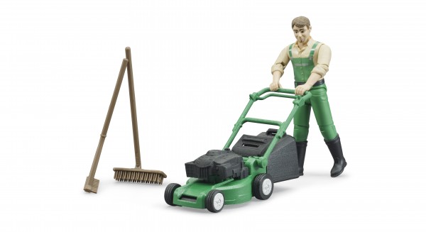 bWorld Gärtner mit Rasenmäher und Gartengeräten Modell von Bruder 1:16